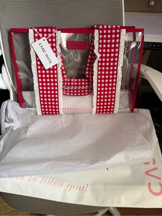 case-mate Handbags - case-mate Clear Tote with Red Gingham Straps and White Lace Trim